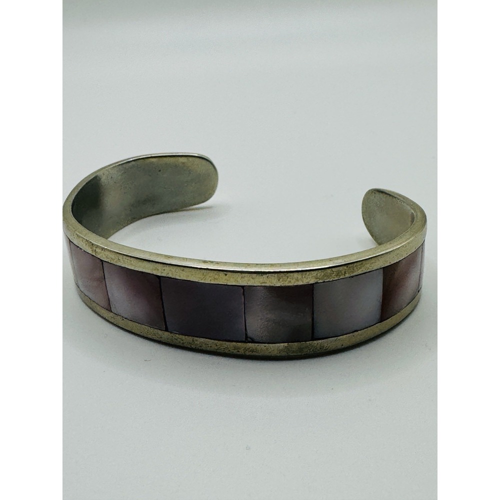 Vintage Mexico Malachite Inlay Cuff Bracelet Alpaca Silver Tone Southwestern